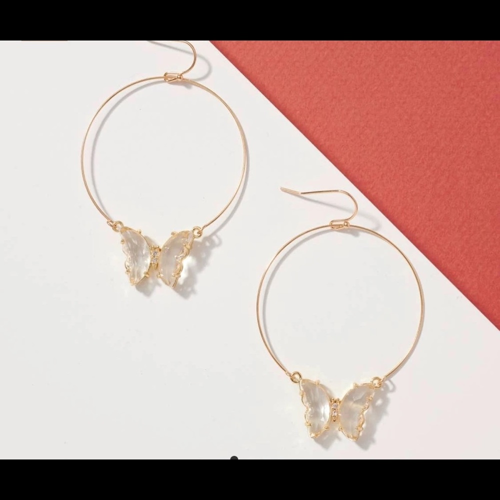Butterfly hoop earrings with glass stone wings